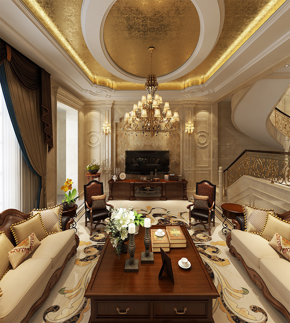 裝修案例經典美式風格別墅裝修效果圖-客廳全景 裝修案例經典美式風格別墅裝修效果圖-客廳全景