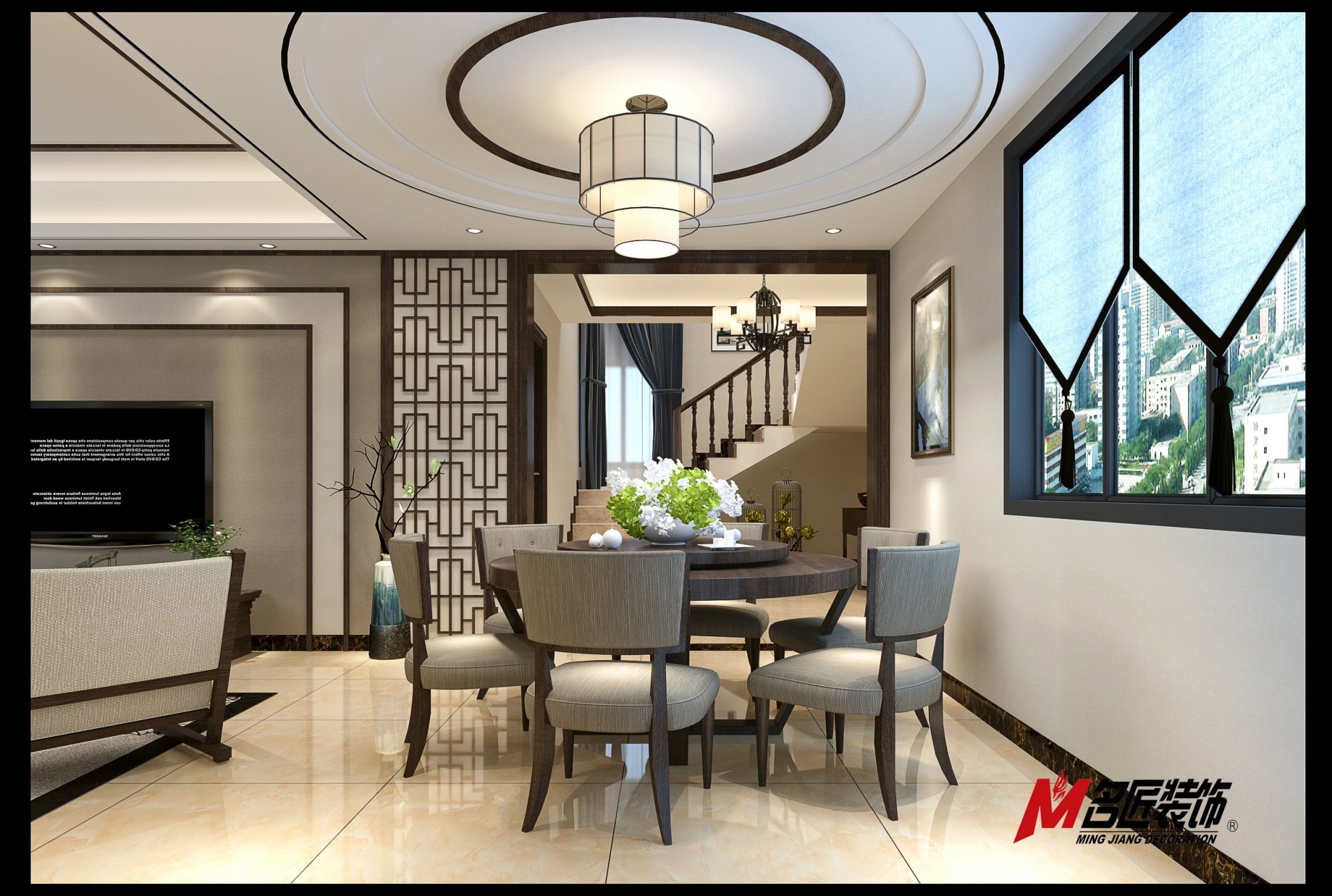 無錫市綠地天空樹商鋪新中式風格復式裝修案例