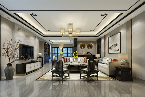 海口市國貿城市花園新中式風格三居室裝修案例